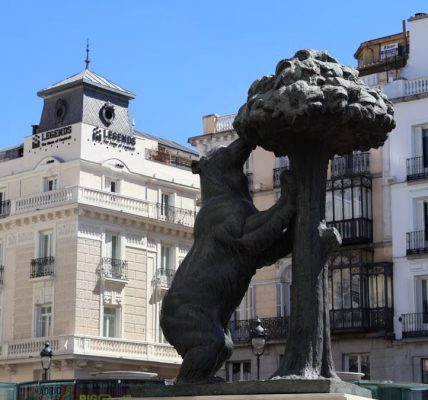 Iconic Bear and Strawberry Tree statue in Madrid's bustling Puerta del Sol.